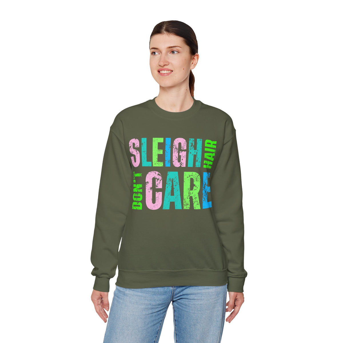 Sleigh Hair Don’t Care, Funny Christmas Graphic Tee – Gildan Heavy Blend | Trendy Women’s Soft Sweatshirt. Direct to Garment. Printed & Shipped in the USA. Unisex Sizes.