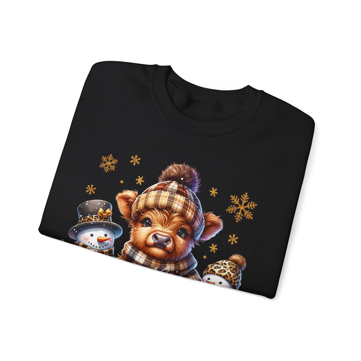 Cute Highland Cow with Snowmen, Winter – Gildan Heavy Blend | Trendy Women’s Soft Sweatshirt. Direct to Garment. Printed & Shipped in the USA. Unisex Sizes.