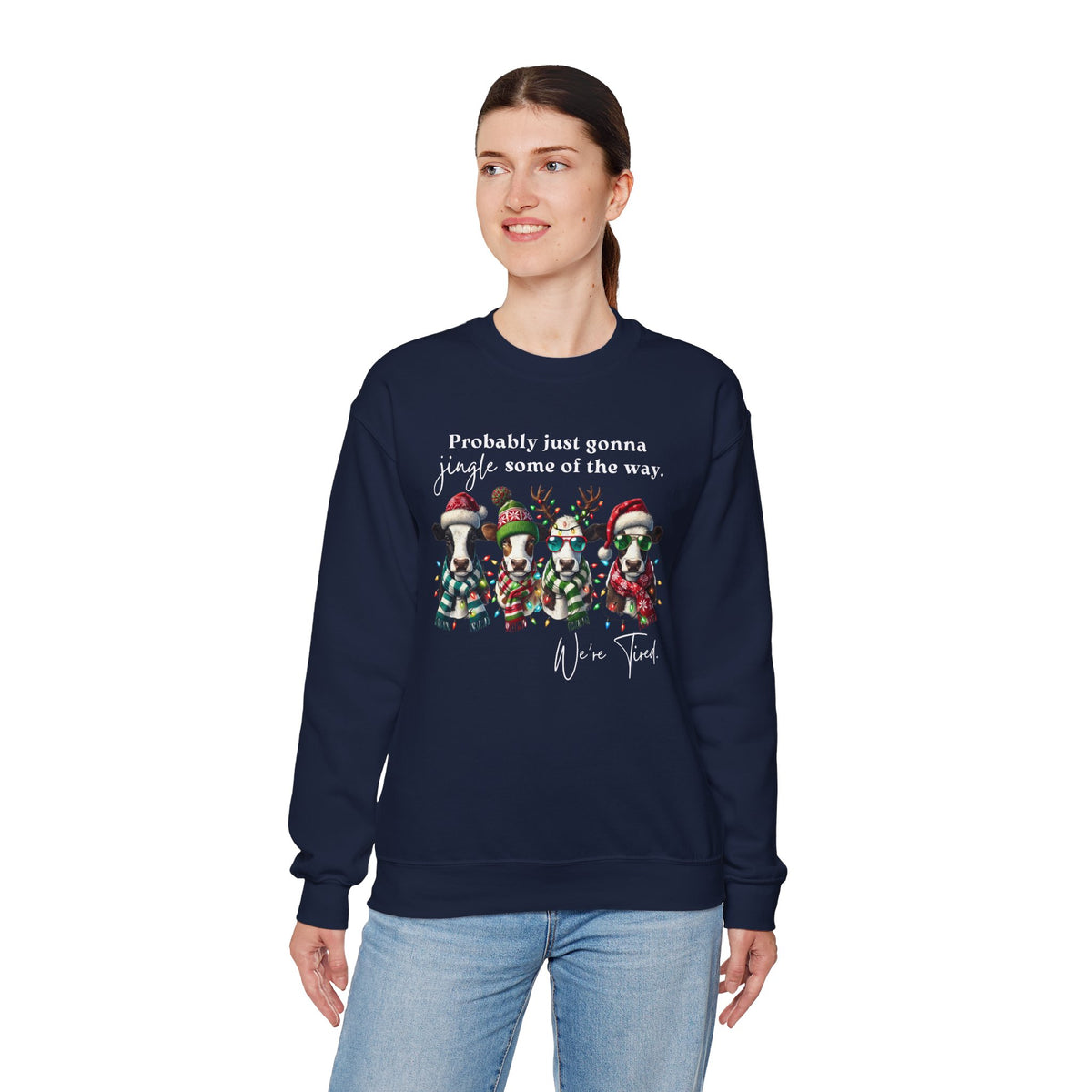 Christmas Cows - Probably Just Gonna Jingle Some Of The Way – Gildan Heavy Blend | Trendy Women’s and Men's Soft Sweatshirt. Direct to Garment. Printed & Shipped in the USA. Unisex Sizes.