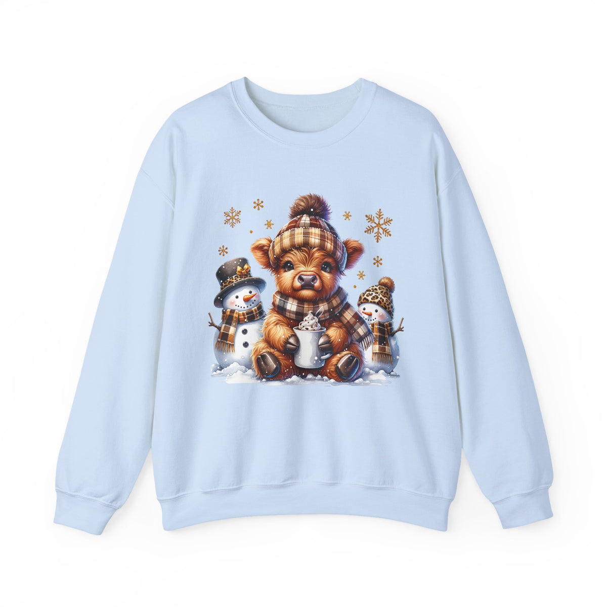 Cute Highland Cow with Snowmen, Winter – Gildan Heavy Blend | Trendy Women’s Soft Sweatshirt. Direct to Garment. Printed & Shipped in the USA. Unisex Sizes.
