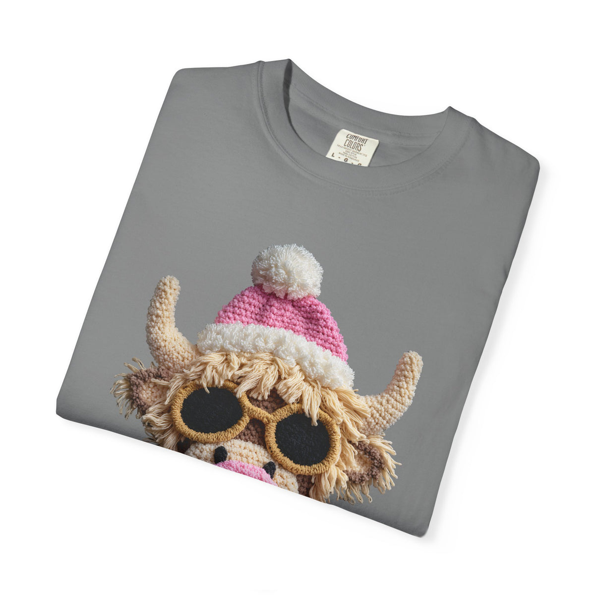 Faux Crochet Highland Cow Bubblegum - Comfort Colors | Trendy Women's T-Shirt. Direct to Garment. Printed & Shipped in the USA. Unisex Sizes.