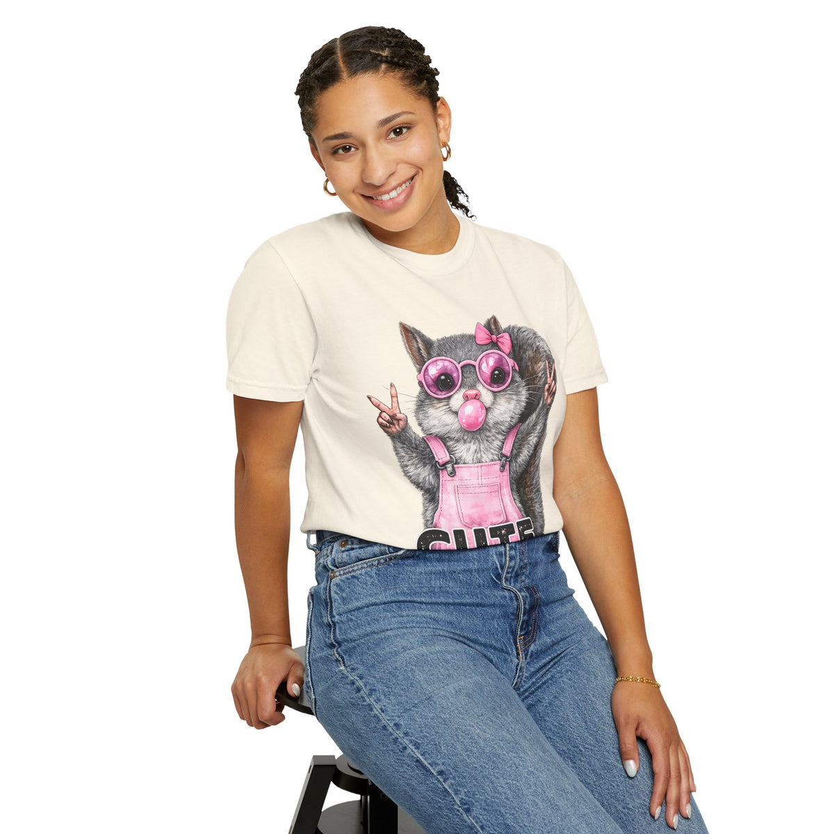 Cute But Feral, Squirrel in Pink Bibs - Comfort Colors | Trendy Women's T-Shirt. Direct to Garment. Printed & Shipped in the USA. Unisex Sizes.
