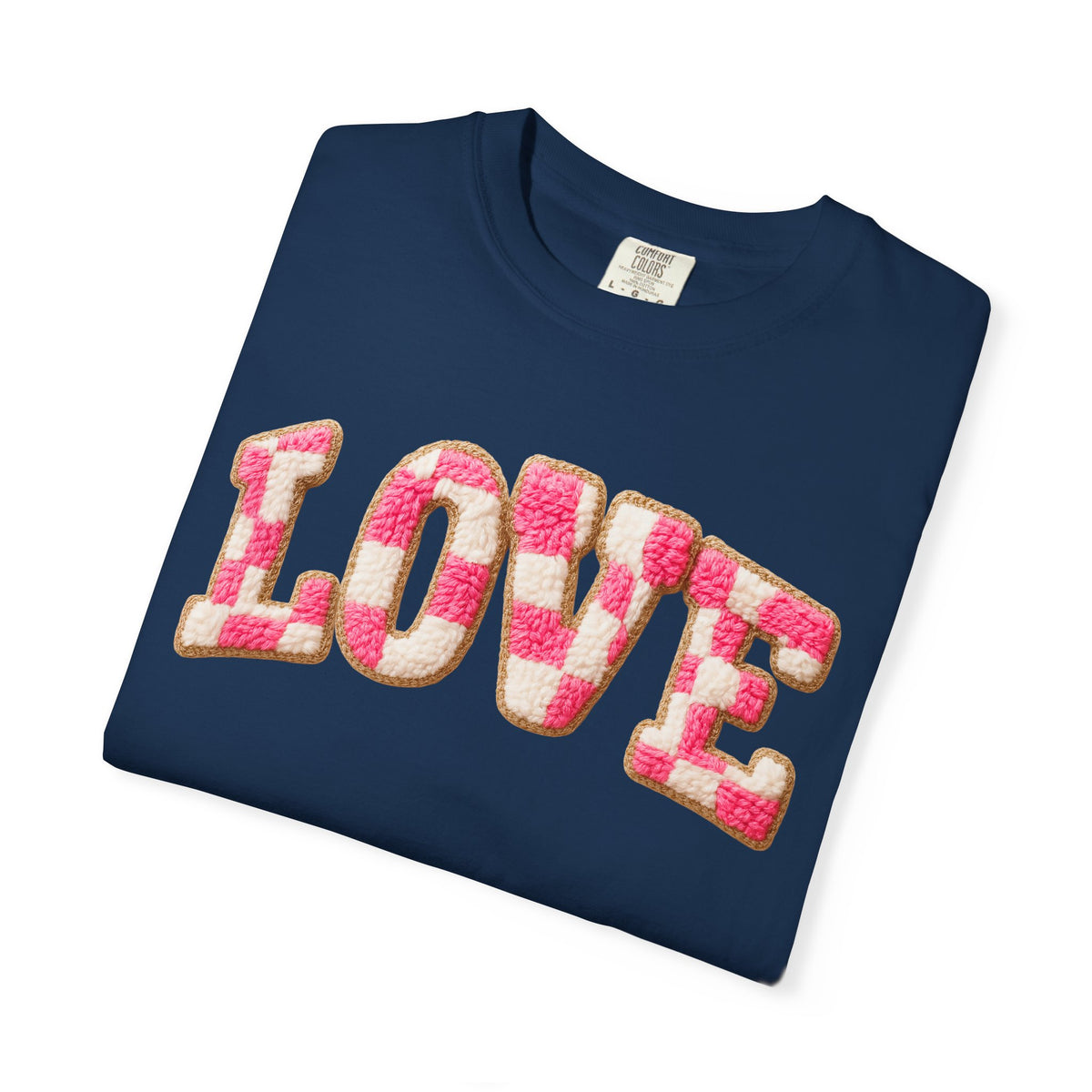 Faux Crochet Checkered LOVE - Comfort Colors | Trendy Women's T-Shirt. Direct to Garment. Printed & Shipped in the USA. Unisex Sizes.