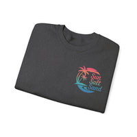 Sun Salt Sand, Beach Sunset - Front & Back Print – Gildan Heavy Blend | Trendy Women’s and Men's Soft Sweatshirt. Direct to Garment. Printed & Shipped in the USA. Unisex Sizes.