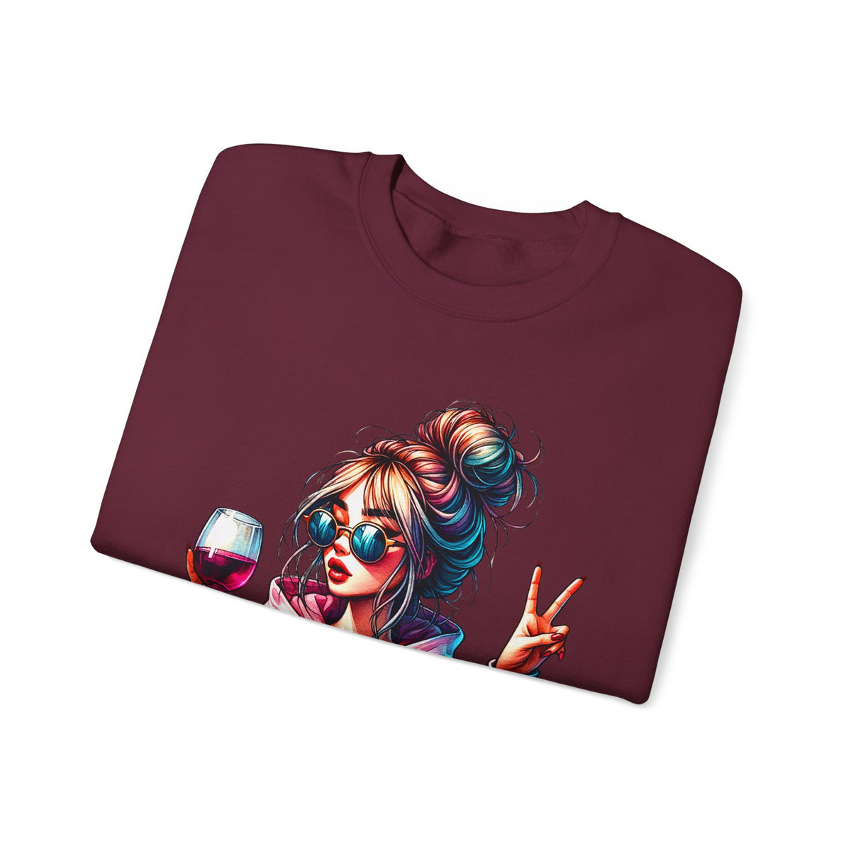 Dramatic Girl With Wine Messy Bun Peace Sign – Gildan Heavy Blend | Trendy Women’s Soft Sweatshirt. Direct to Garment. Printed & Shipped in the USA. Unisex Sizes.