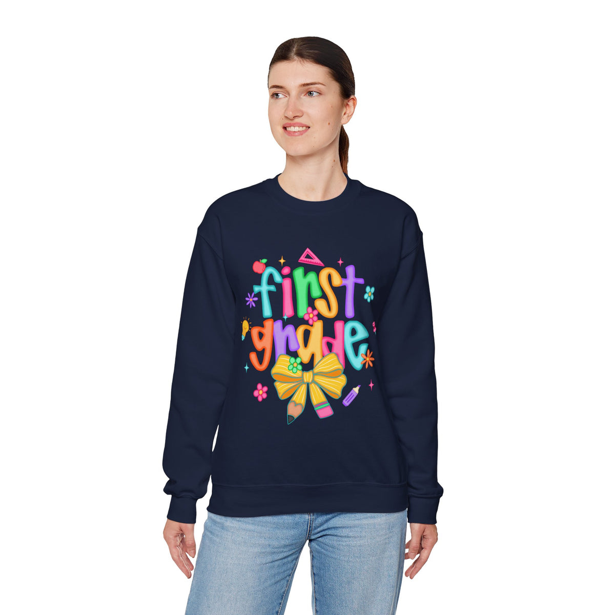 Coquette First Grade Pencil Bow – Gildan Heavy Blend | Trendy Women’s Soft Sweatshirt. Direct to Garment. Printed & Shipped in the USA. Unisex Sizes.