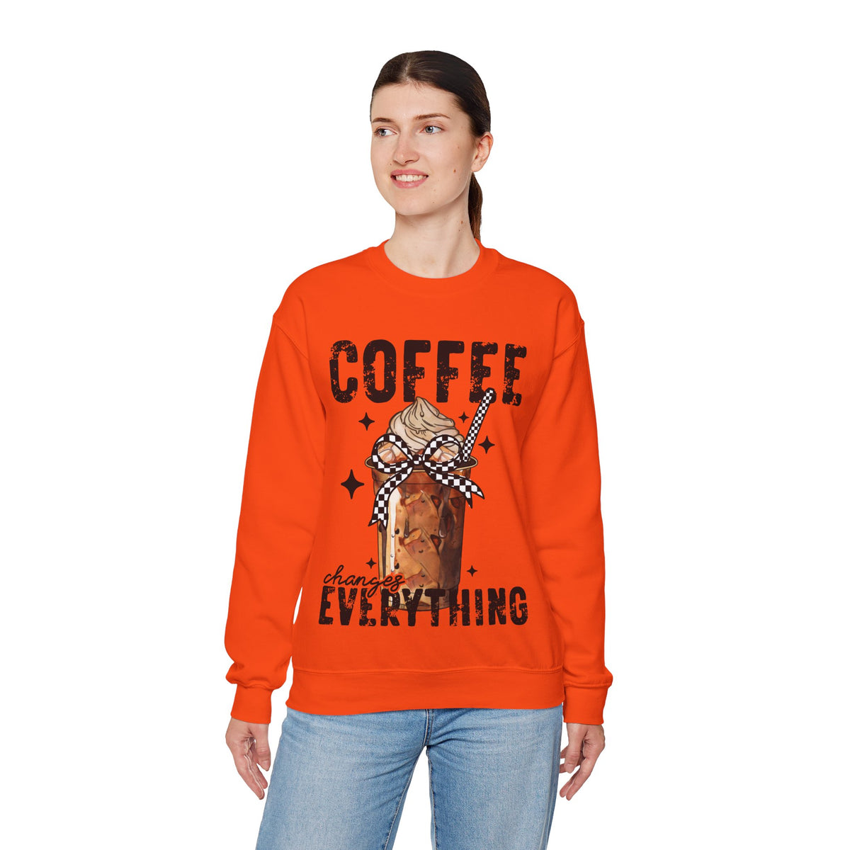 Coffee Changes Everything, Iced Coffee, Coffee Lovers – Gildan Heavy Blend | Trendy Women’s Soft Sweatshirt. Direct to Garment. Printed & Shipped in the USA. Unisex Sizes.