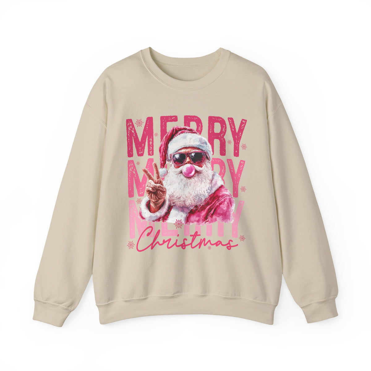 Pink Merry Christmas Bubblegum Santa – Gildan Heavy Blend | Trendy Women’s Soft Sweatshirt. Direct to Garment. Printed & Shipped in the USA. Unisex Sizes.