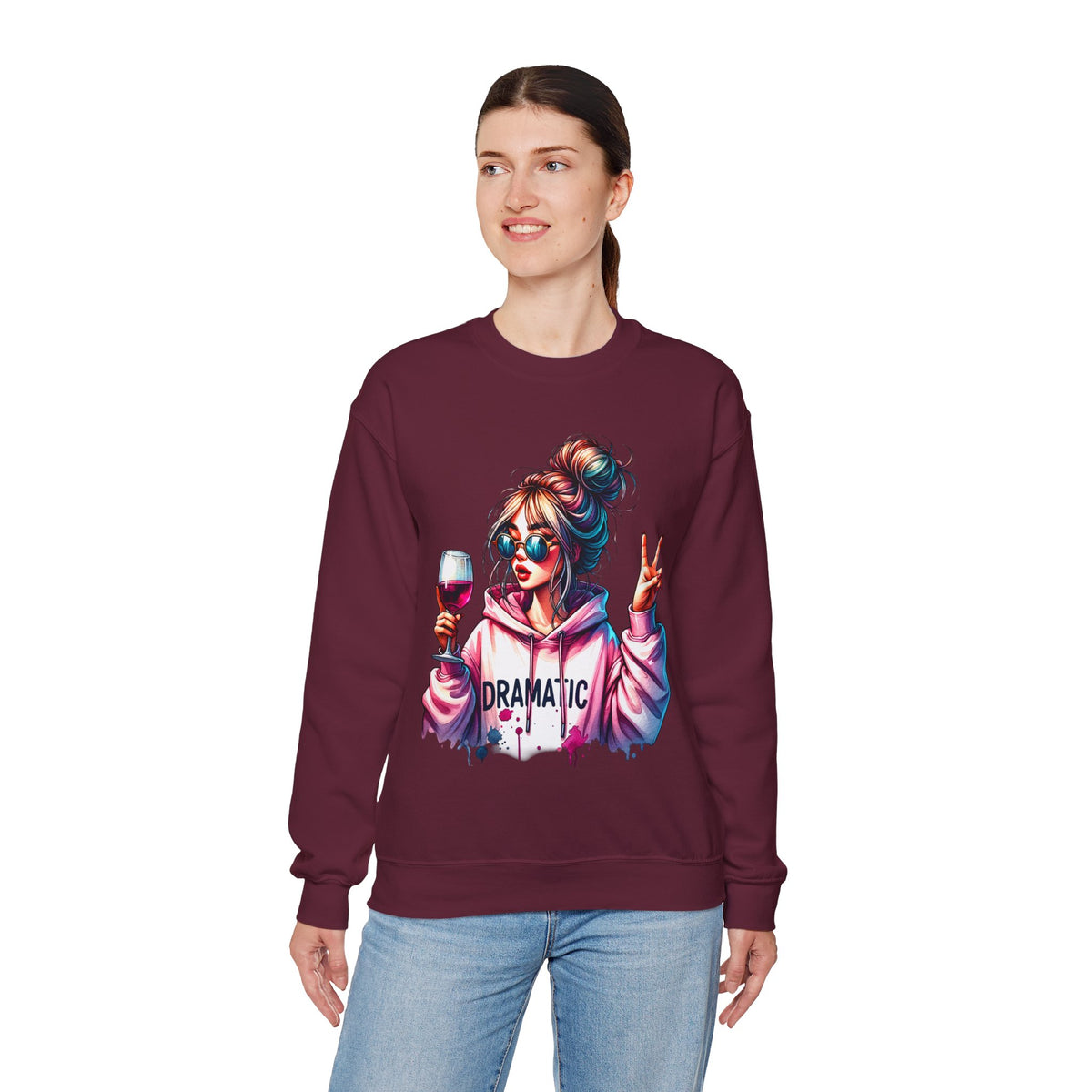 Dramatic Girl With Wine Messy Bun Peace Sign – Gildan Heavy Blend | Trendy Women’s Soft Sweatshirt. Direct to Garment. Printed & Shipped in the USA. Unisex Sizes.