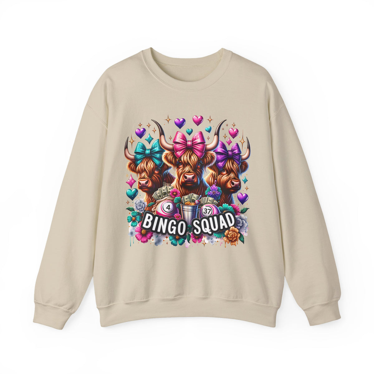 Cute Highland Cows Bingo Squad – Gildan Heavy Blend | Trendy Women’s Soft Sweatshirt. Direct to Garment. Printed & Shipped in the USA. Unisex Sizes.
