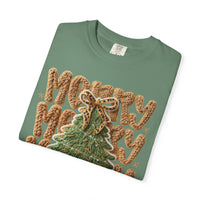 Merry Merry Merry Christmas, Faux Latch Hook Yarn - Comfort Colors | Trendy Women's T-Shirt. Direct to Garment. Printed & Shipped in the USA. Unisex Sizes.