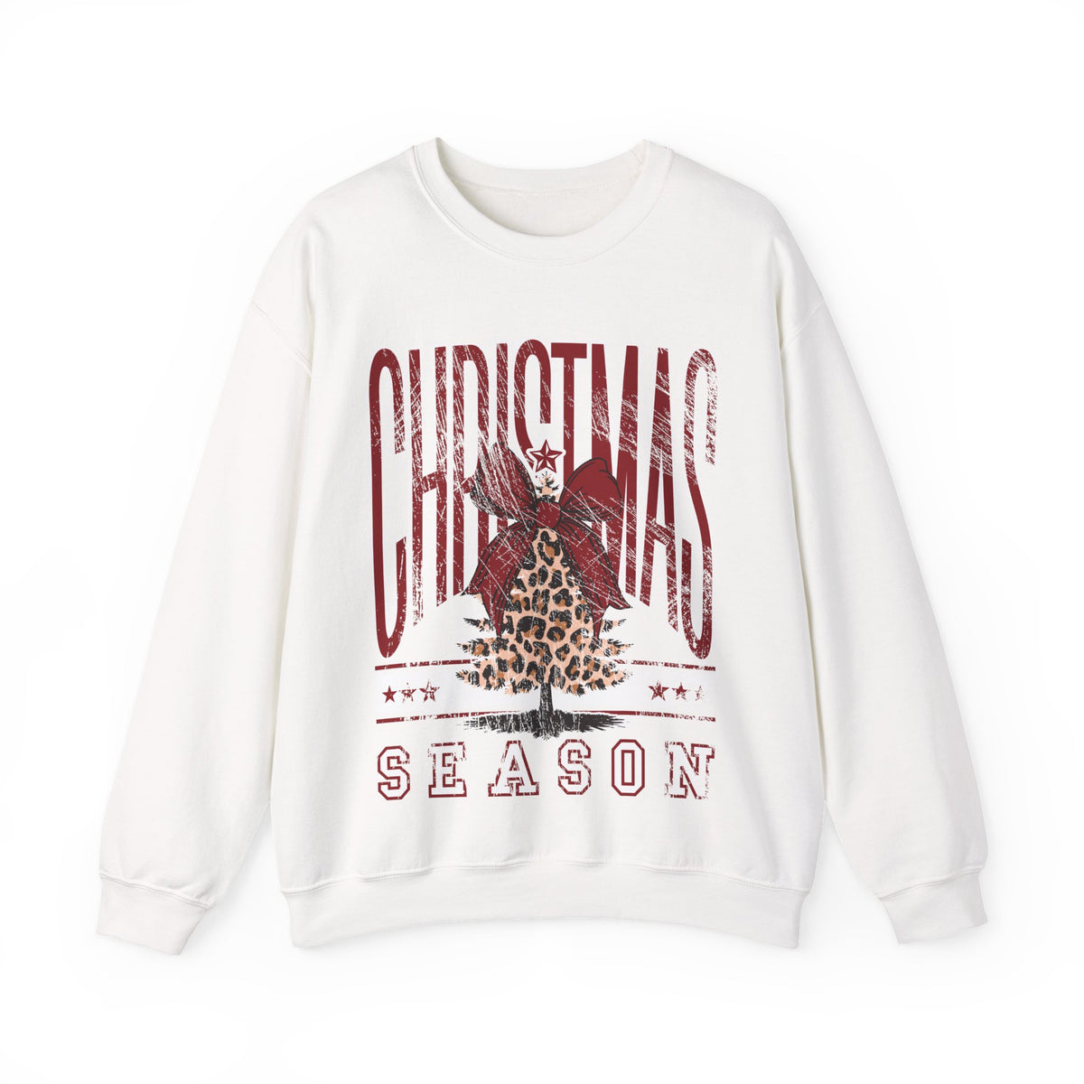 Christmas Season Leopard Tree Distressed – Gildan Heavy Blend | Trendy Women’s Soft Sweatshirt. Direct to Garment. Printed & Shipped in the USA. Unisex Sizes.