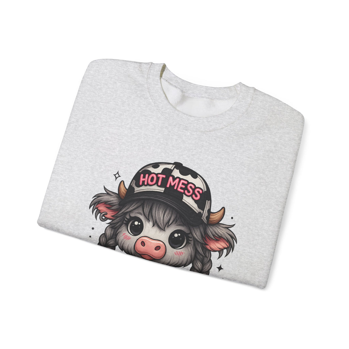 Cute Highland Cow 'Hot Mess' In Braids – Gildan Heavy Blend | Trendy Women’s Soft Sweatshirt. Direct to Garment. Printed & Shipped in the USA. Unisex Sizes.