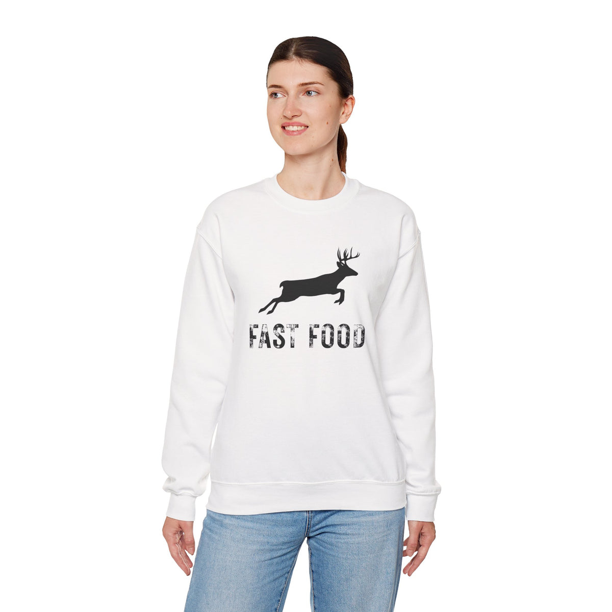 Fast Food Deer Hunting Humor Distressed – Gildan Heavy Blend | Trendy Men's and Women’s Soft Sweatshirt. Direct to Garment. Printed & Shipped in the USA. Unisex Sizes.