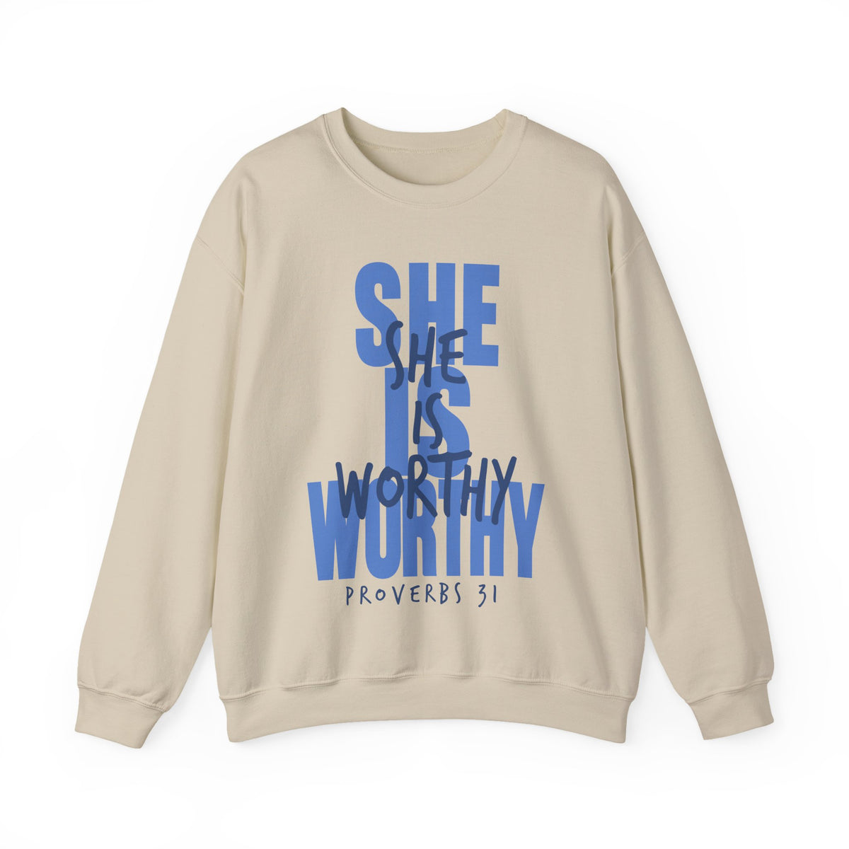 She Is Worthy – Gildan Heavy Blend | Trendy Women’s Soft Sweatshirt. Direct to Garment. Printed & Shipped in the USA. Unisex Sizes.