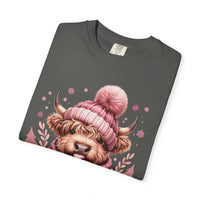 Cozy Highland Cow, Winter Coffee Mug & Scarf - Comfort Colors | Trendy Women's T-Shirt. Direct to Garment. Printed & Shipped in the USA. Unisex Sizes.