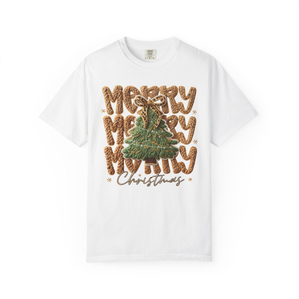 Merry Merry Merry Christmas, Faux Latch Hook Yarn - Comfort Colors | Trendy Women's T-Shirt. Direct to Garment. Printed & Shipped in the USA. Unisex Sizes.