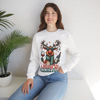 Merry & Mischievous Reindeer – Gildan Heavy Blend | Trendy Women’s and Men's Soft Sweatshirt. Direct to Garment. Printed & Shipped in the USA. Unisex Sizes.