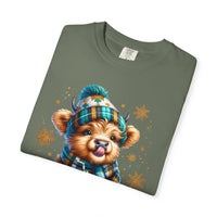 Winter Baby Highland Cow with Cocoa  - Comfort Colors | Trendy Women's T-Shirt. Direct to Garment. Printed & Shipped in the USA. Unisex Sizes.