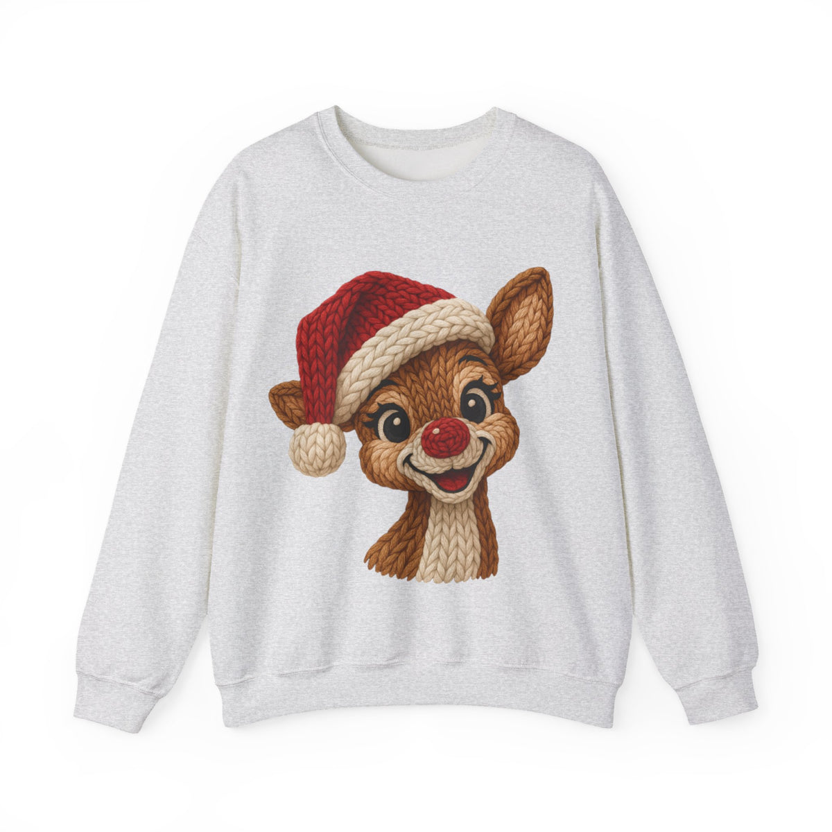 Cute Rudolph Faux Knit Look Reindeer w/Santa Hat – Gildan Heavy Blend | Trendy Women’s Soft Sweatshirt. Direct to Garment. Printed & Shipped in the USA. Unisex Sizes.