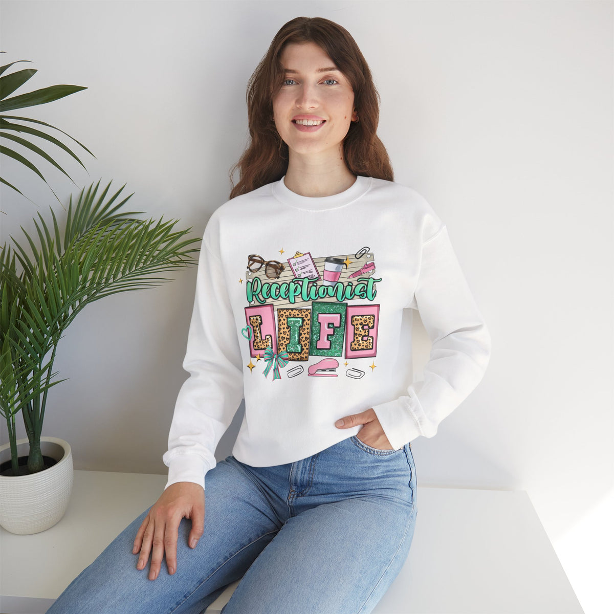 Receptionist Life – Gildan Heavy Blend | Trendy Women’s Soft Sweatshirt. Direct to Garment. Printed & Shipped in the USA. Unisex Sizes.