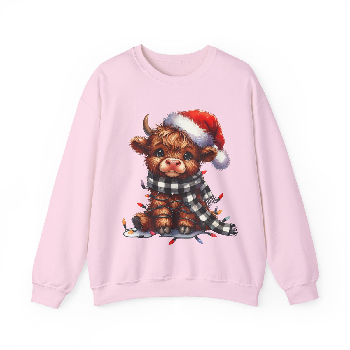 Cute Highland Cow Santa Hat Scarf Christmas Lights – Gildan Heavy Blend | Trendy Women’s Soft Sweatshirt. Direct to Garment. Printed & Shipped in the USA. Unisex Sizes.
