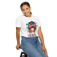 Nurse Life Messy Bun, Cute Stethoscope & Syringe - Comfort Colors | Trendy Women's T-Shirt. Direct to Garment. Printed & Shipped in the USA. Unisex Sizes.