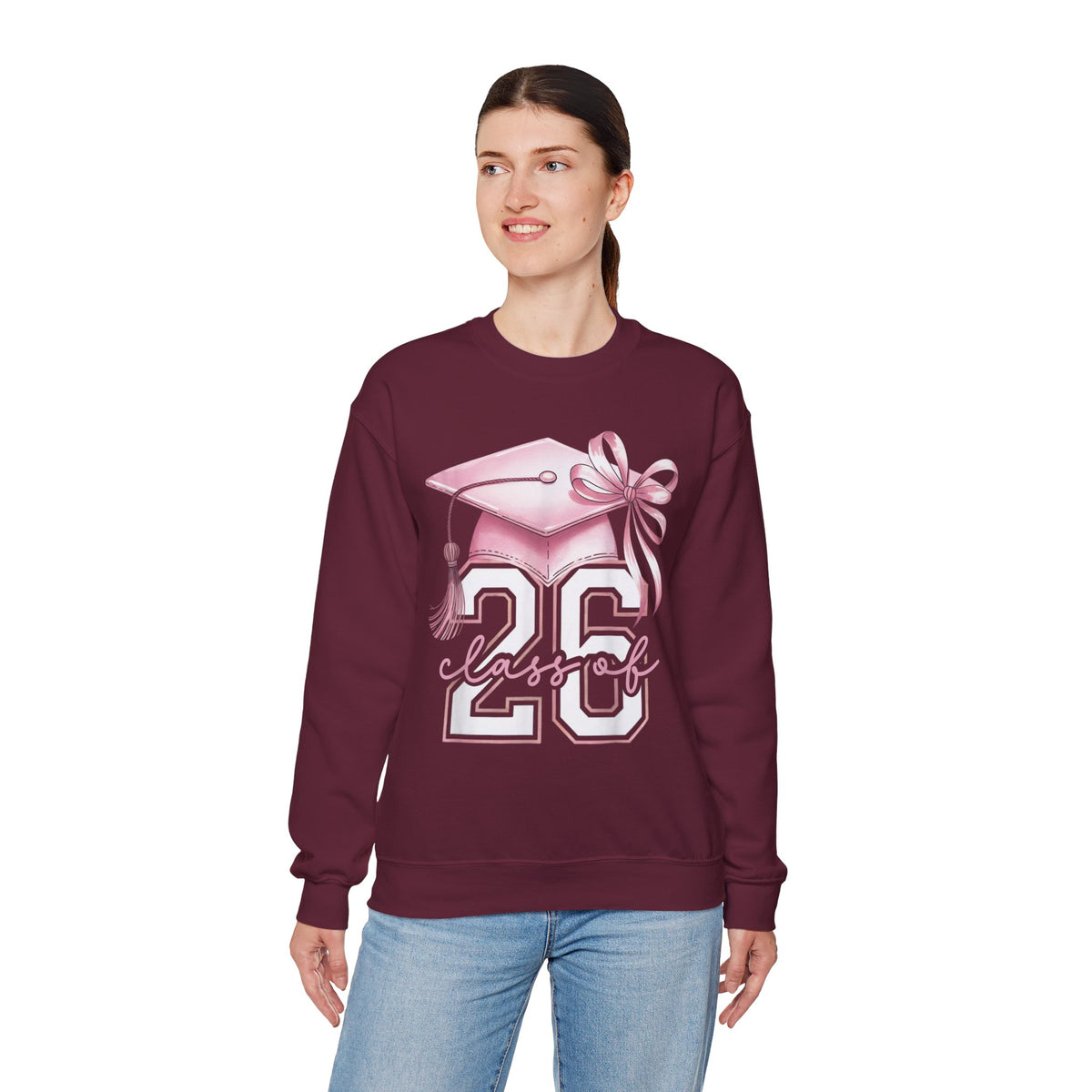 Pink Coquette, Class of 2026 26 Graduation, Pink Cap – Gildan Heavy Blend | Trendy Women’s Soft Sweatshirt. Direct to Garment. Printed & Shipped in the USA. Unisex Sizes.