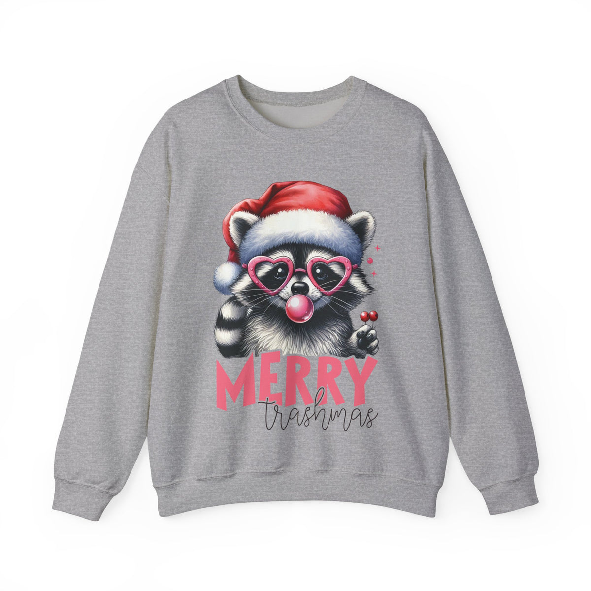 Merry Trashmas Bubblegum Raccoon w/Santa Hat Christmas – Gildan Heavy Blend | Trendy Women’s Soft Sweatshirt. Direct to Garment. Printed & Shipped in the USA. Unisex Sizes.