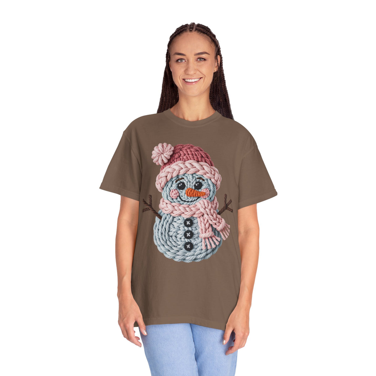 Cute Yarn Snowman - Pink Scarf - Comfort Colors | Trendy Women's T-Shirt. Direct to Garment. Printed & Shipped in the USA. Unisex Sizes.