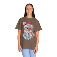 Cute Yarn Snowman - Pink Scarf - Comfort Colors | Trendy Women's T-Shirt. Direct to Garment. Printed & Shipped in the USA. Unisex Sizes.