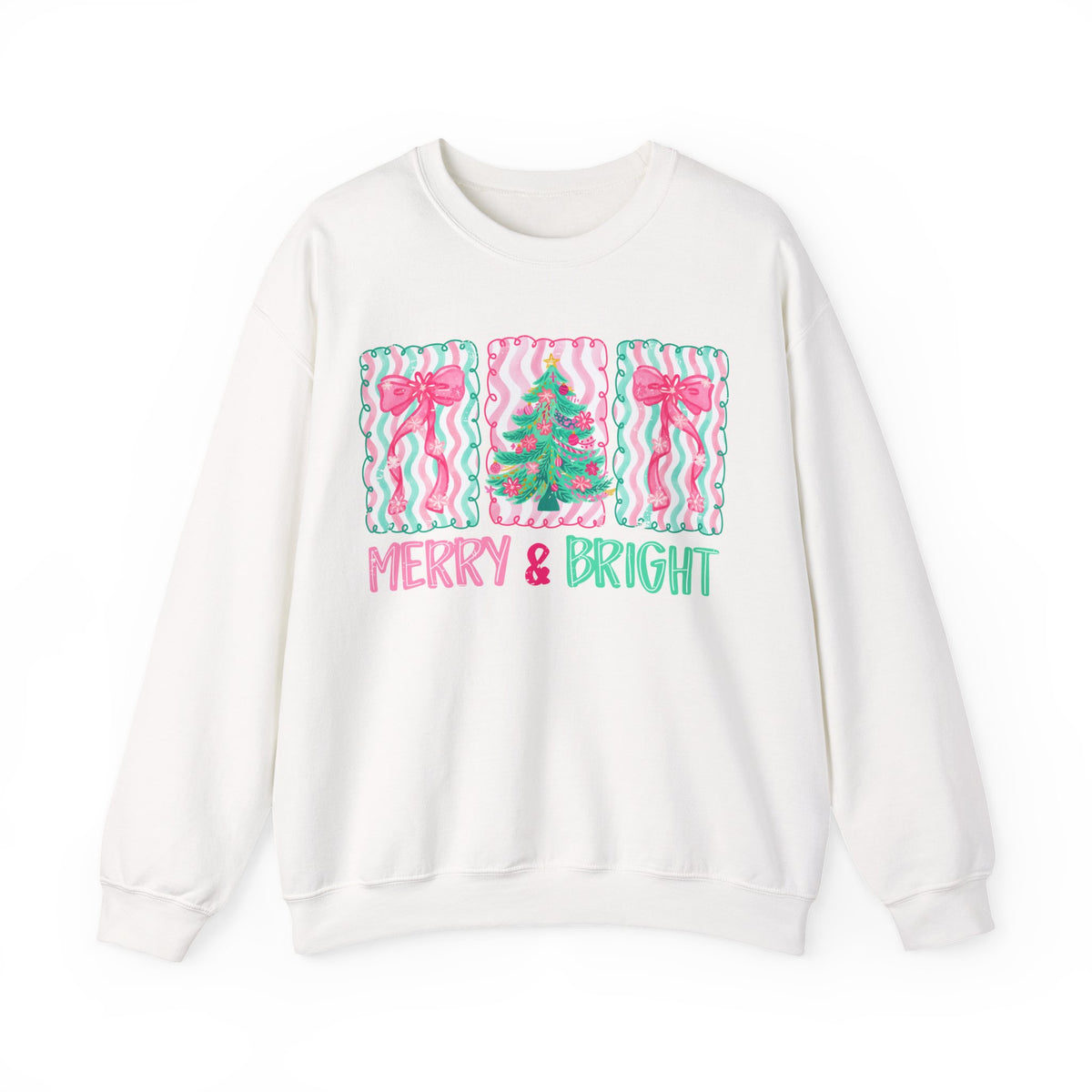Merry & Bright Christmas - Pink & Green Holiday Tree Design – Gildan Heavy Blend | Trendy Women’s Soft Sweatshirt. Direct to Garment. Printed & Shipped in the USA. Unisex Sizes.