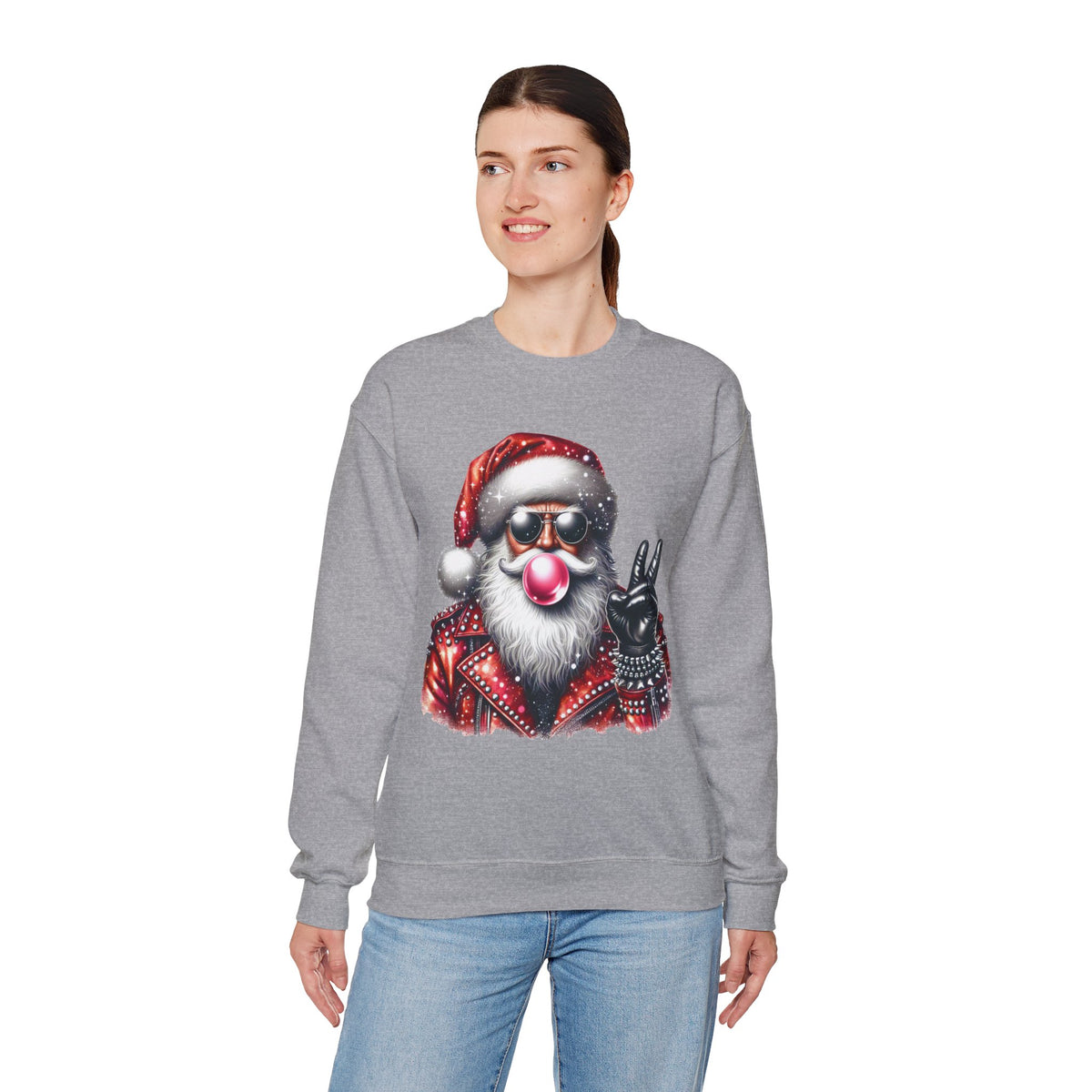 Biker Santa Leather Jacket Bubblegum – Gildan Heavy Blend | Trendy Women’s and Men's Soft Sweatshirt. Direct to Garment. Printed & Shipped in the USA. Unisex Sizes.