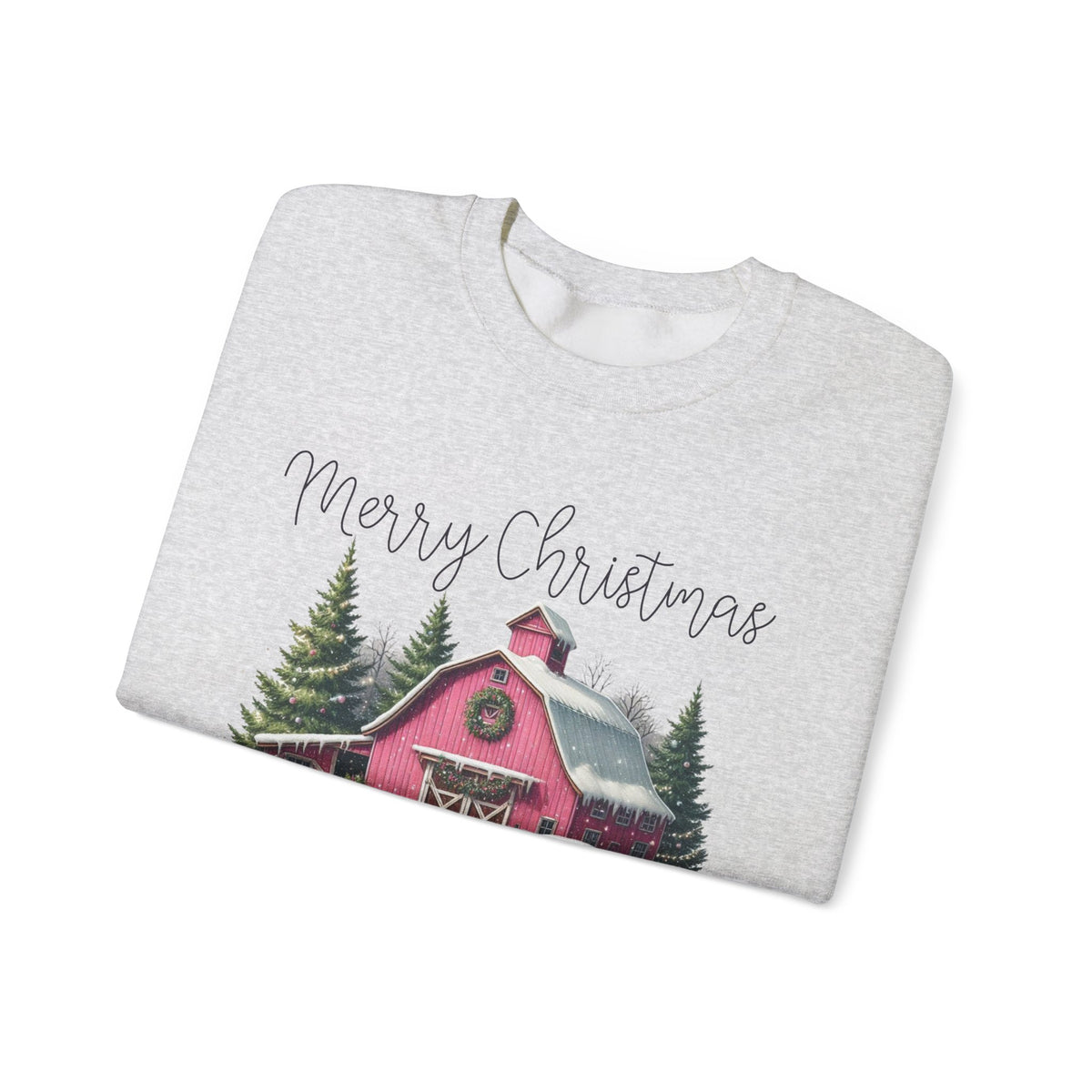 Merry Christmas Pink Barn Farm Animals – Gildan Heavy Blend | Trendy Women’s Soft Sweatshirt. Direct to Garment. Printed & Shipped in the USA. Unisex Sizes.