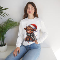 Cute Highland Cow Santa Hat Scarf Christmas Lights – Gildan Heavy Blend | Trendy Women’s Soft Sweatshirt. Direct to Garment. Printed & Shipped in the USA. Unisex Sizes.