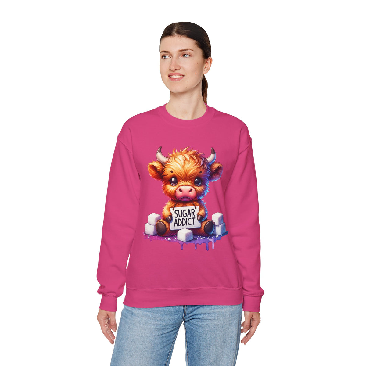 Sugar Addict Highland Cow – Gildan Heavy Blend | Trendy Women’s Soft Sweatshirt. Direct to Garment. Printed & Shipped in the USA. Unisex Sizes.