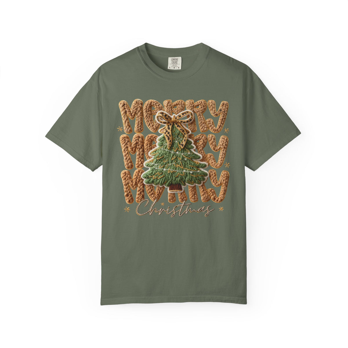 Merry Merry Merry Christmas, Faux Latch Hook Yarn - Comfort Colors | Trendy Women's T-Shirt. Direct to Garment. Printed & Shipped in the USA. Unisex Sizes.