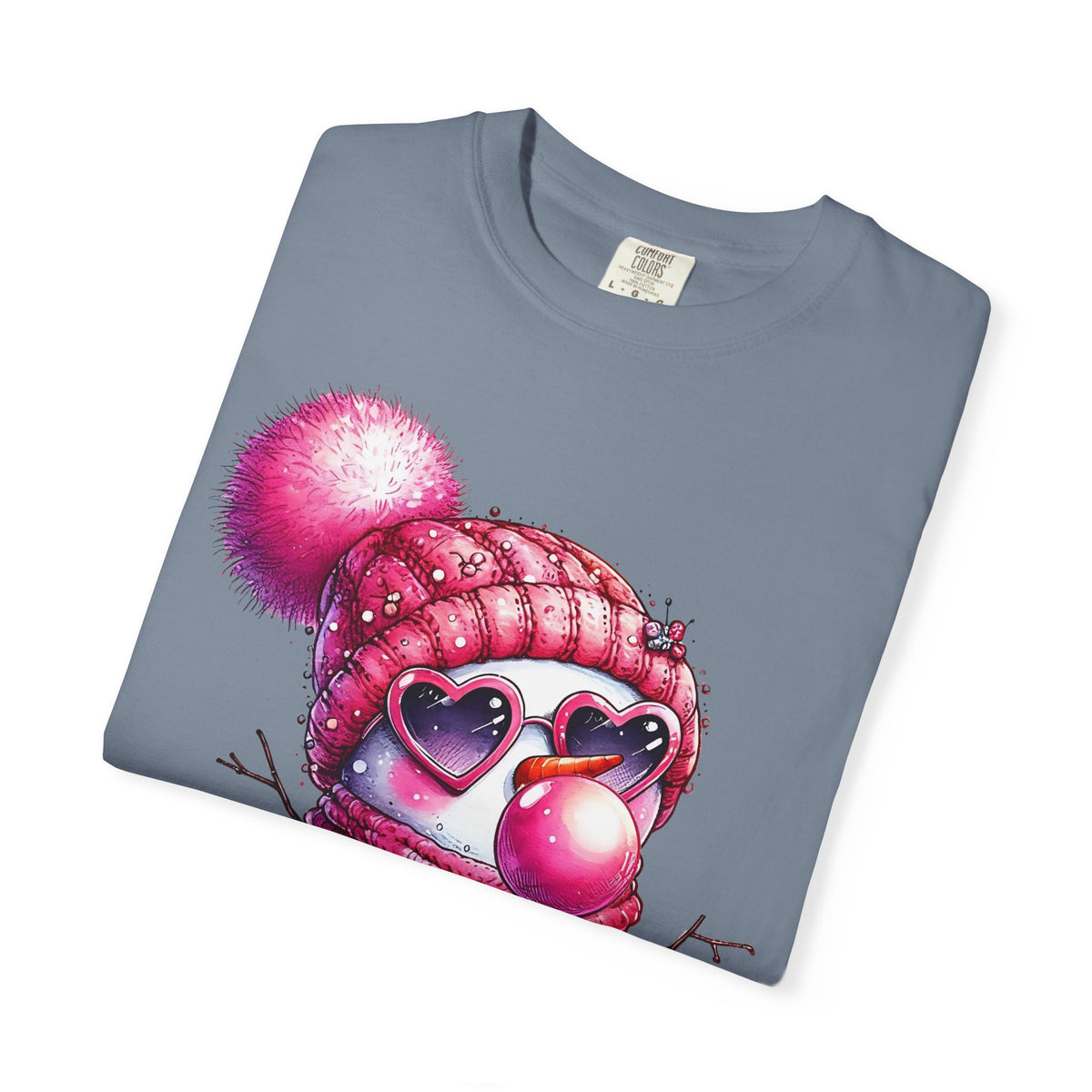Pink Girly Snowman with Heart Sunglasses and Bubblegum Winter - Comfort Colors | Trendy Women's T-Shirt. Direct to Garment. Printed & Shipped in the USA. Unisex Sizes.