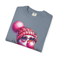 Pink Girly Snowman with Heart Sunglasses and Bubblegum Winter - Comfort Colors | Trendy Women's T-Shirt. Direct to Garment. Printed & Shipped in the USA. Unisex Sizes.