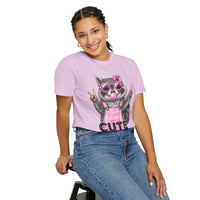 Cute But Feral, Raccoon in Pink Bibs - Comfort Colors | Trendy Women's T-Shirt. Direct to Garment. Printed & Shipped in the USA. Unisex Sizes.