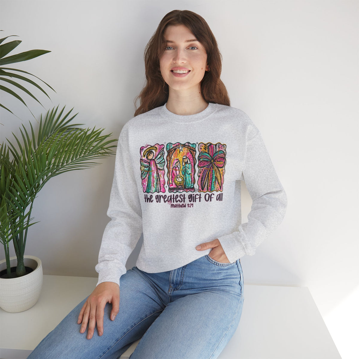 The Greatest Gift of All, Christian Tee - Preppy Watercolor – Gildan Heavy Blend | Trendy Women’s Soft Sweatshirt. Direct to Garment. Printed & Shipped in the USA. Unisex Sizes.
