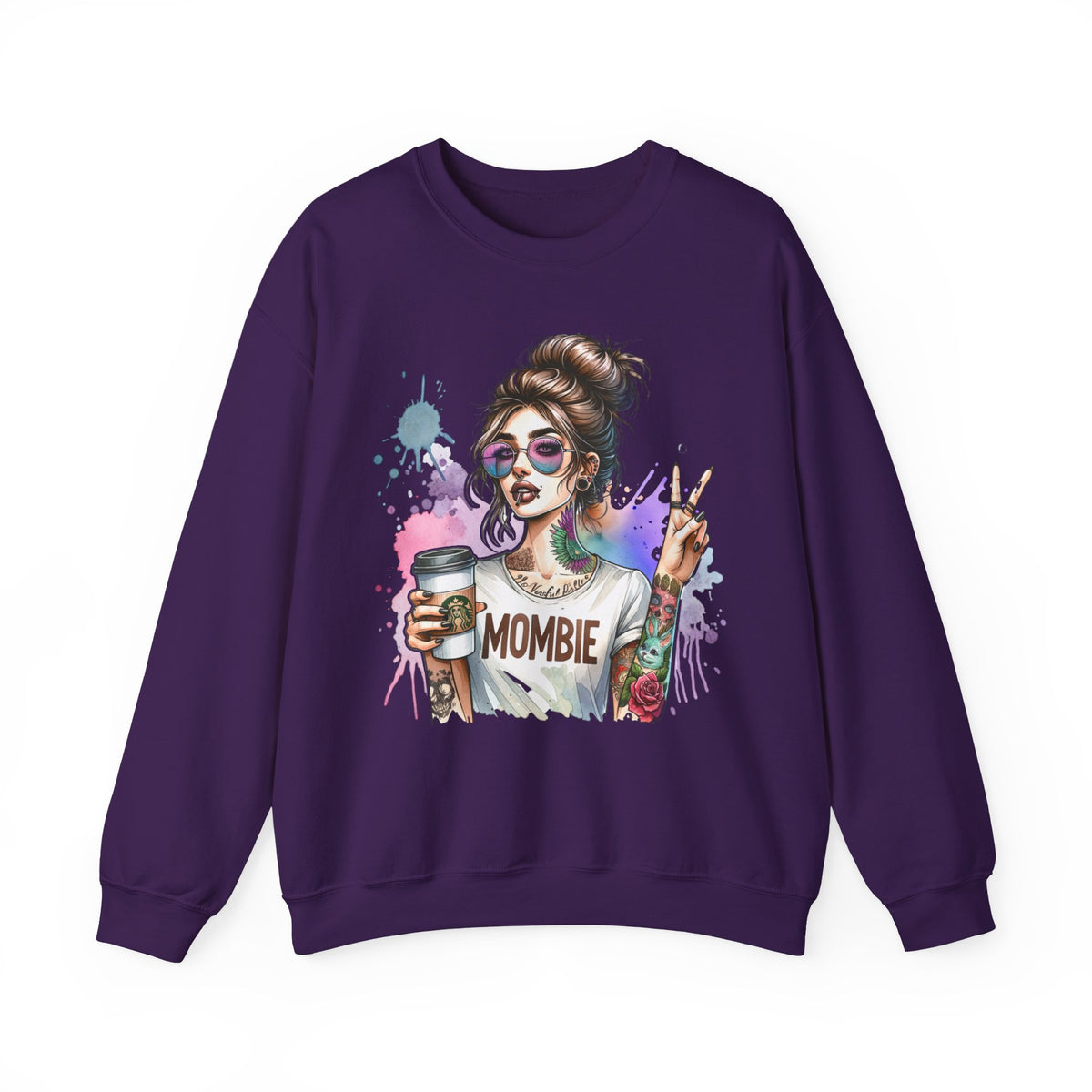 Cool Mombie with Coffee Peace Tattoo - Tired Mom – Gildan Heavy Blend | Trendy Women’s Soft Sweatshirt. Direct to Garment. Printed & Shipped in the USA. Unisex Sizes.