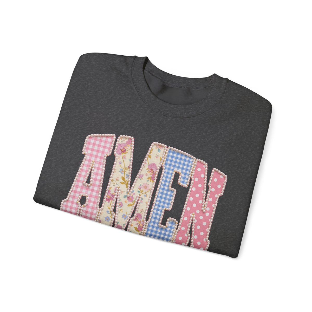 Pastel faux Patchwork AMEN with faux Pearls – Gildan Heavy Blend | Trendy Women’s Soft Sweatshirt. Direct to Garment. Printed & Shipped in the USA. Unisex Sizes.