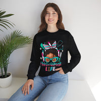Phlebotomist Life, Messy Bun – Gildan Heavy Blend | Trendy Women’s Soft Sweatshirt. Direct to Garment. Printed & Shipped in the USA. Unisex Sizes.