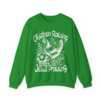 Chicken Raising and Jesus Praising – Gildan Heavy Blend | Trendy Men's and Women’s Soft Sweatshirt. Direct to Garment. Printed & Shipped in the USA. Unisex Sizes.