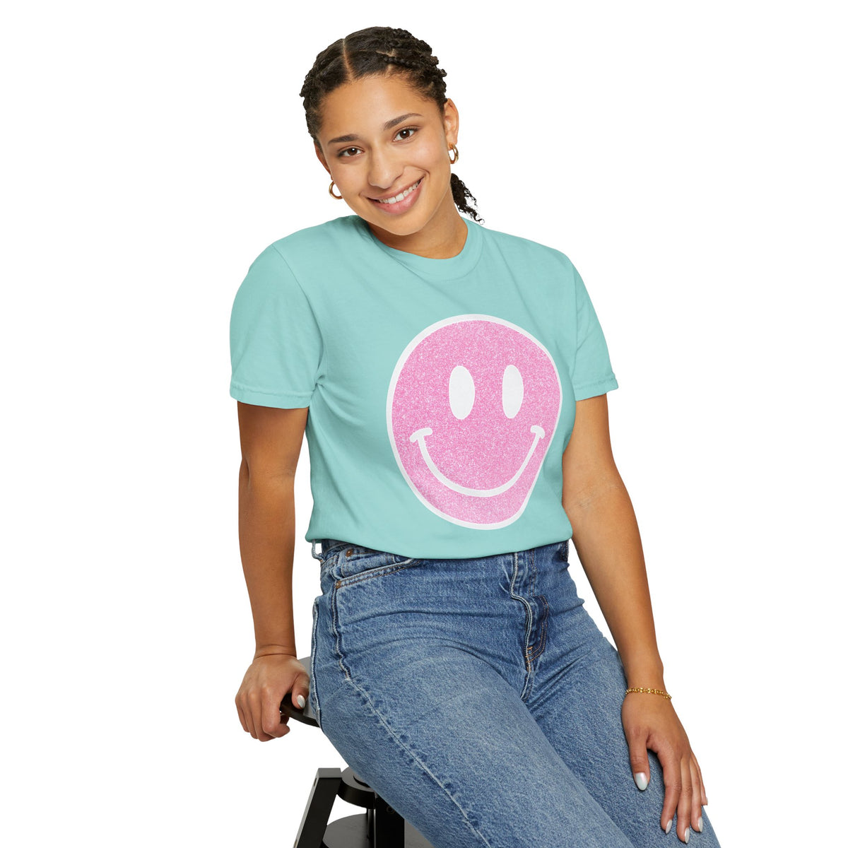 Faux Glitter Smiley - Comfort Colors | Trendy Women's T-Shirt. Direct to Garment. Printed & Shipped in the USA. Unisex Sizes.