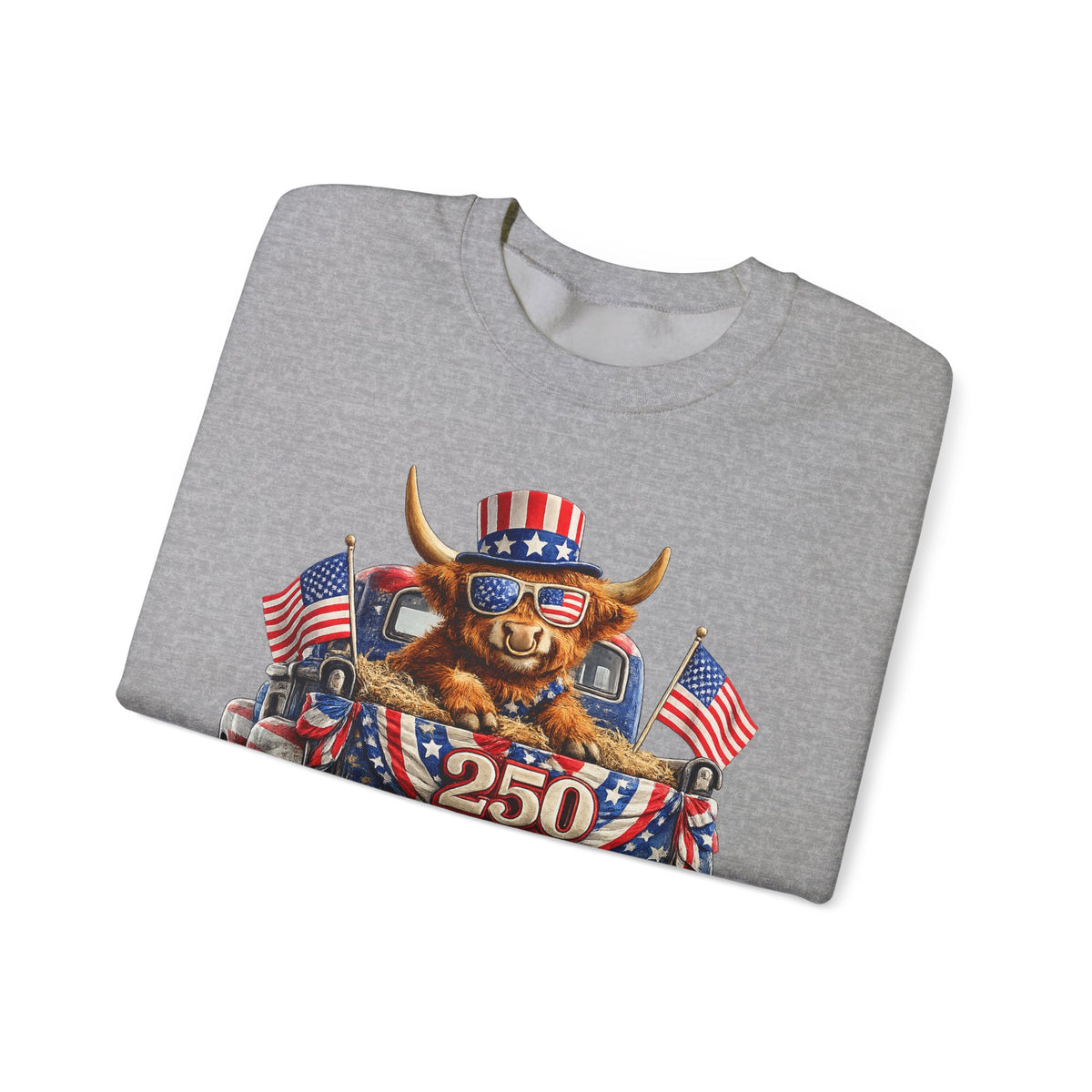 Patriotic Highland, America's 250th Birthday – Gildan Heavy Blend | Trendy Women’s and Men's Soft Sweatshirt. Direct to Garment. Printed & Shipped in the USA. Unisex Sizes.