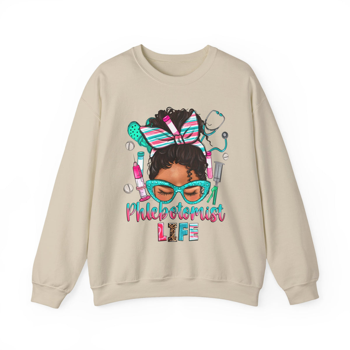 Phlebotomist Life, Messy Bun – Gildan Heavy Blend | Trendy Women’s Soft Sweatshirt. Direct to Garment. Printed & Shipped in the USA. Unisex Sizes.