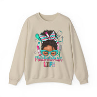 Phlebotomist Life, Messy Bun – Gildan Heavy Blend | Trendy Women’s Soft Sweatshirt. Direct to Garment. Printed & Shipped in the USA. Unisex Sizes.