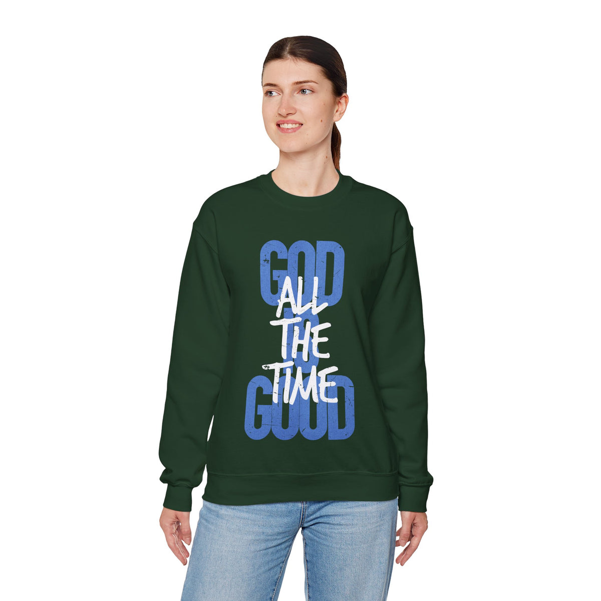 God is Good All The Time – Gildan Heavy Blend | Trendy Women’s and Women's Soft Sweatshirt. Direct to Garment. Printed & Shipped in the USA. Unisex Sizes.